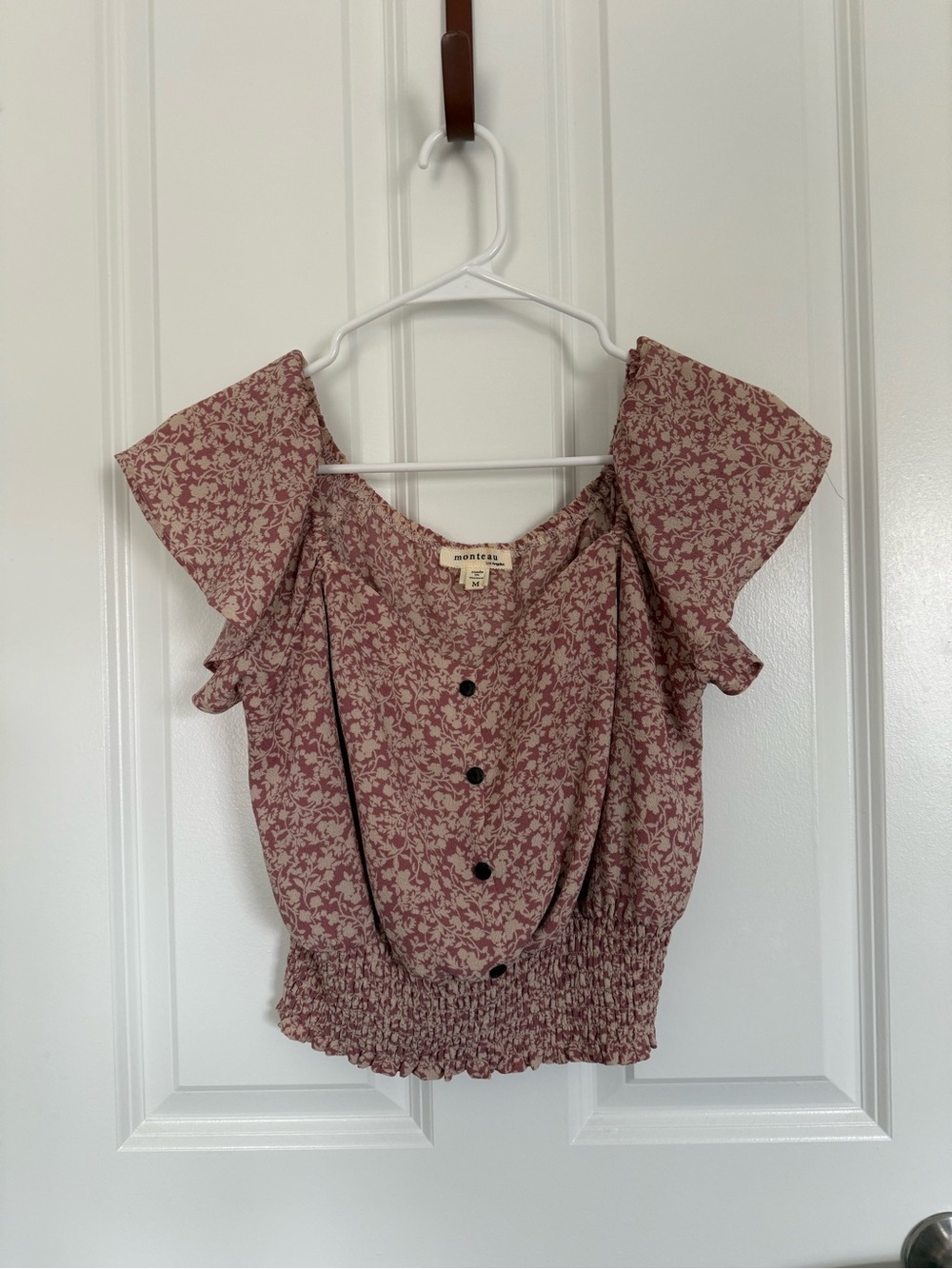 Monteau Mauve Pink Floral Smocked Waist Flutter Sleeve Top